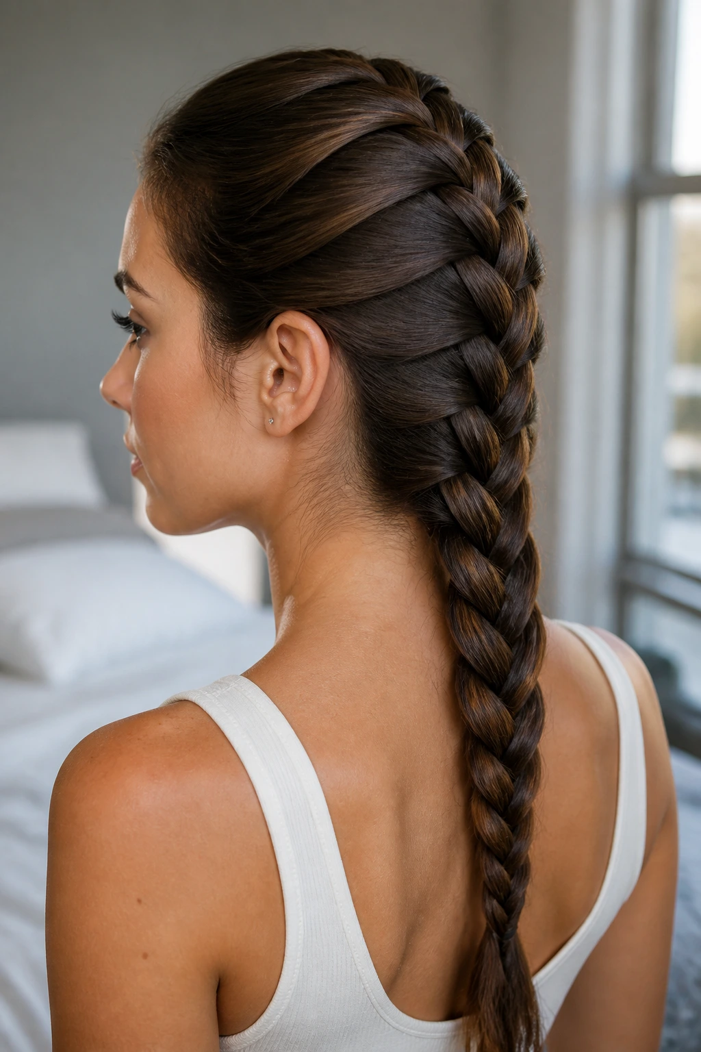 Close-up of a center-back French braid on long hair.
