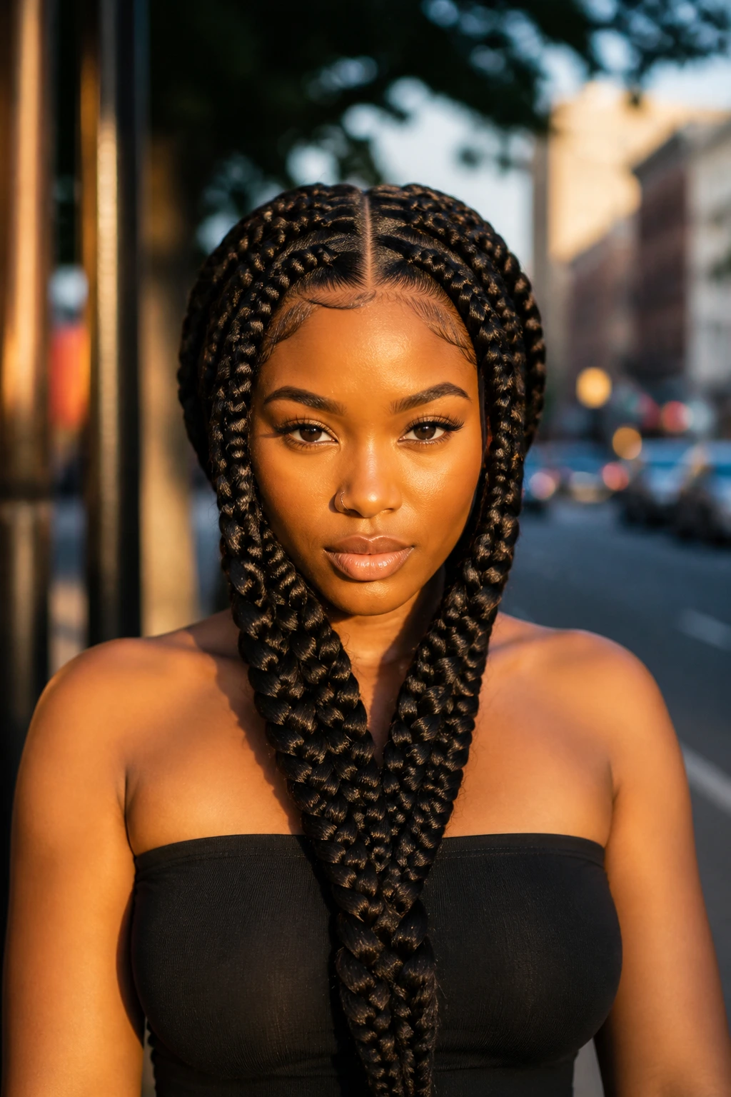 Portrait of a woman with center-drop jumbo braids on a real person