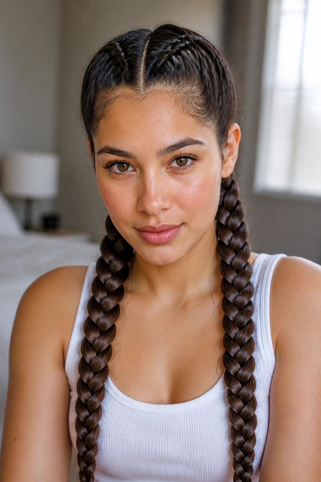 Close-up of a real woman with a center Dutch braid down the crown