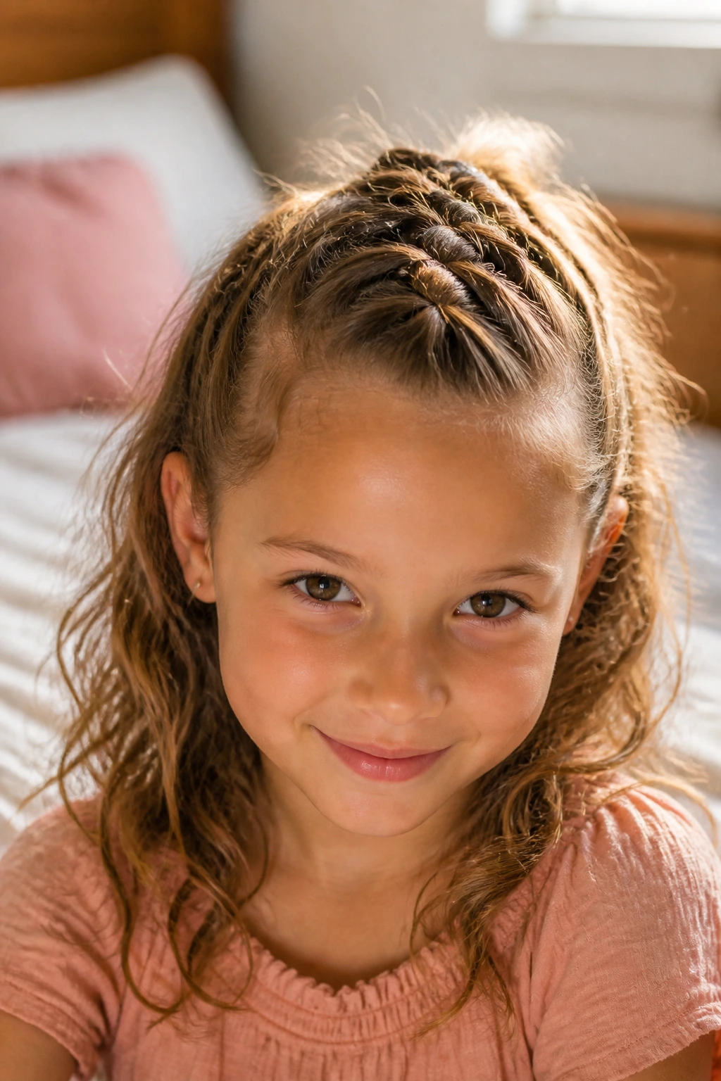 Close-up of a young girl with a centered Dutch Mohawk on wavy hair