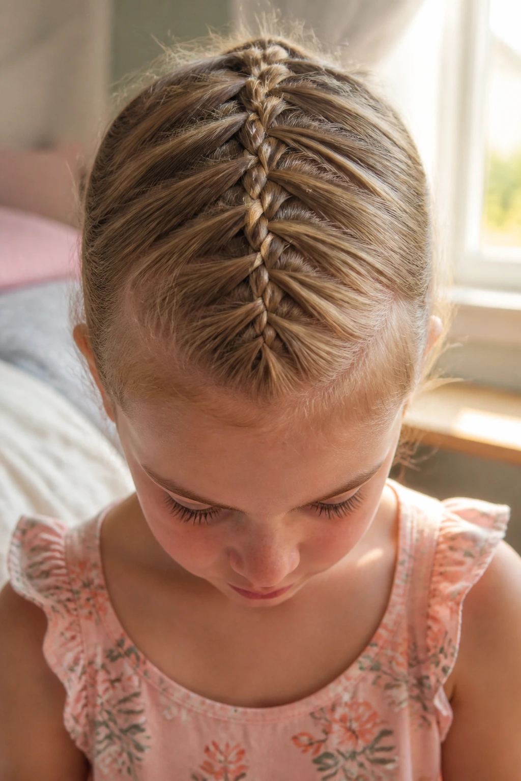 Front view of a child with a centered French braid along the crown