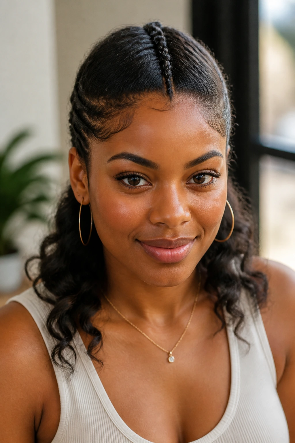 Front view close-up of a real person with a center French braid and soft ends
