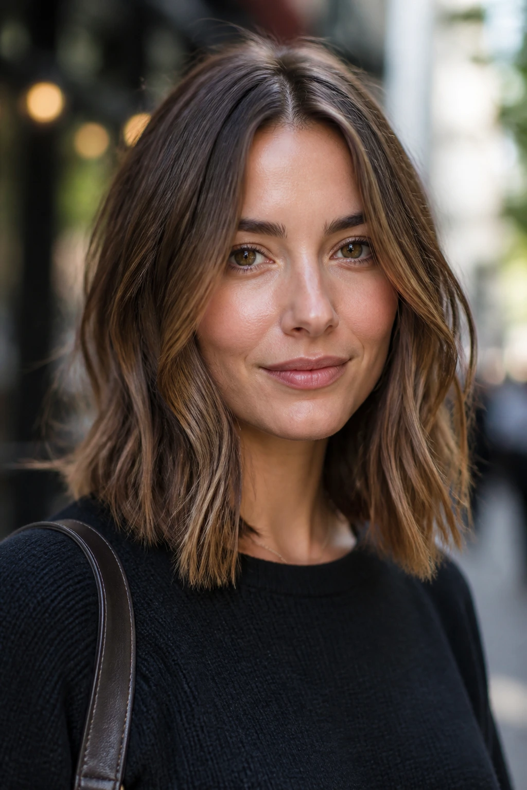 Center-part airy lob on a real woman with soft waves in city daylight.