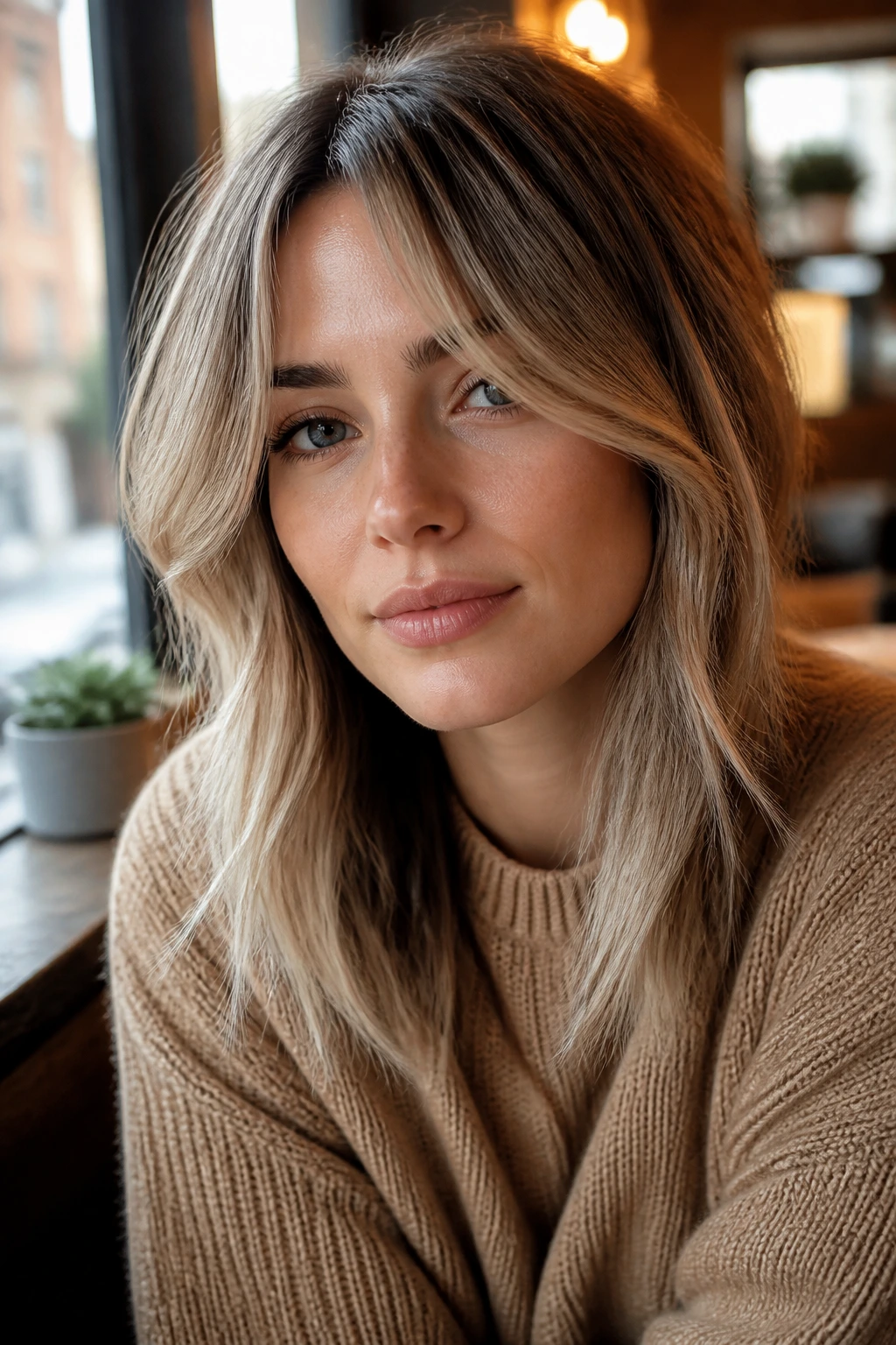 Close-up of a woman with center-part curtain bangs hitting the cheeks in natural daylight