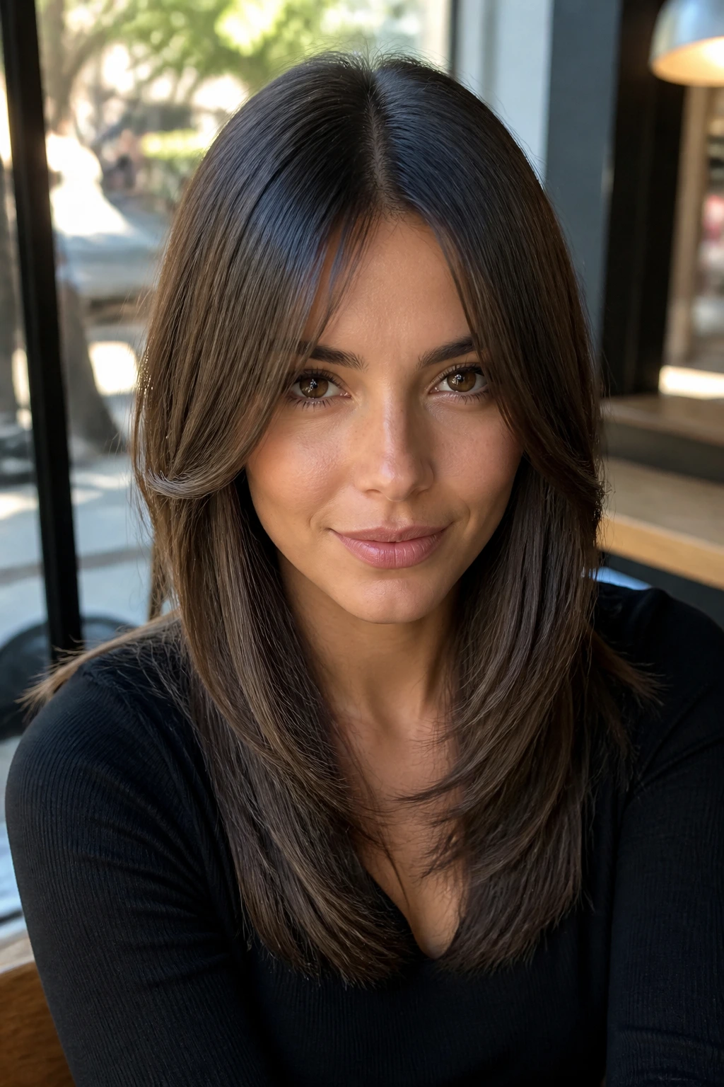 Close-up portrait of a real woman with center-part bangs and sleek face frames.