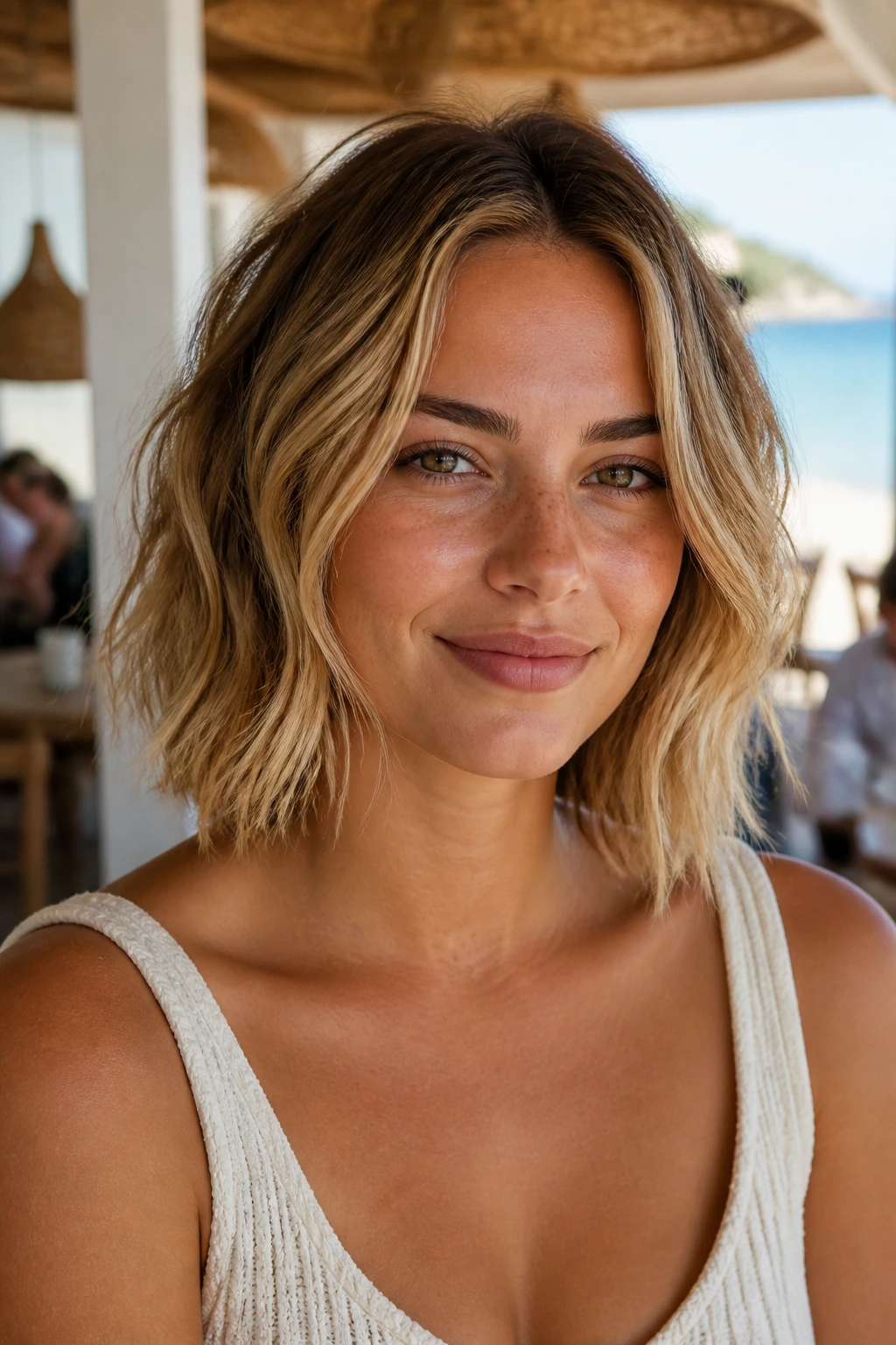 Close-up portrait of a real woman with a center-part beach bob in a seaside cafe setting