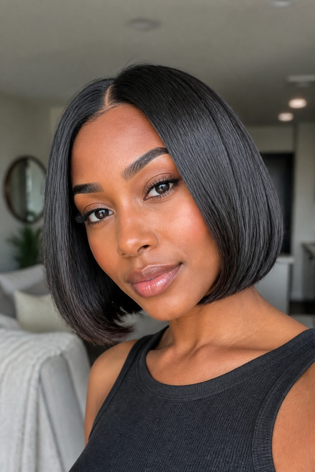 Real woman with center-part blunt bob and soft bend at the ends.