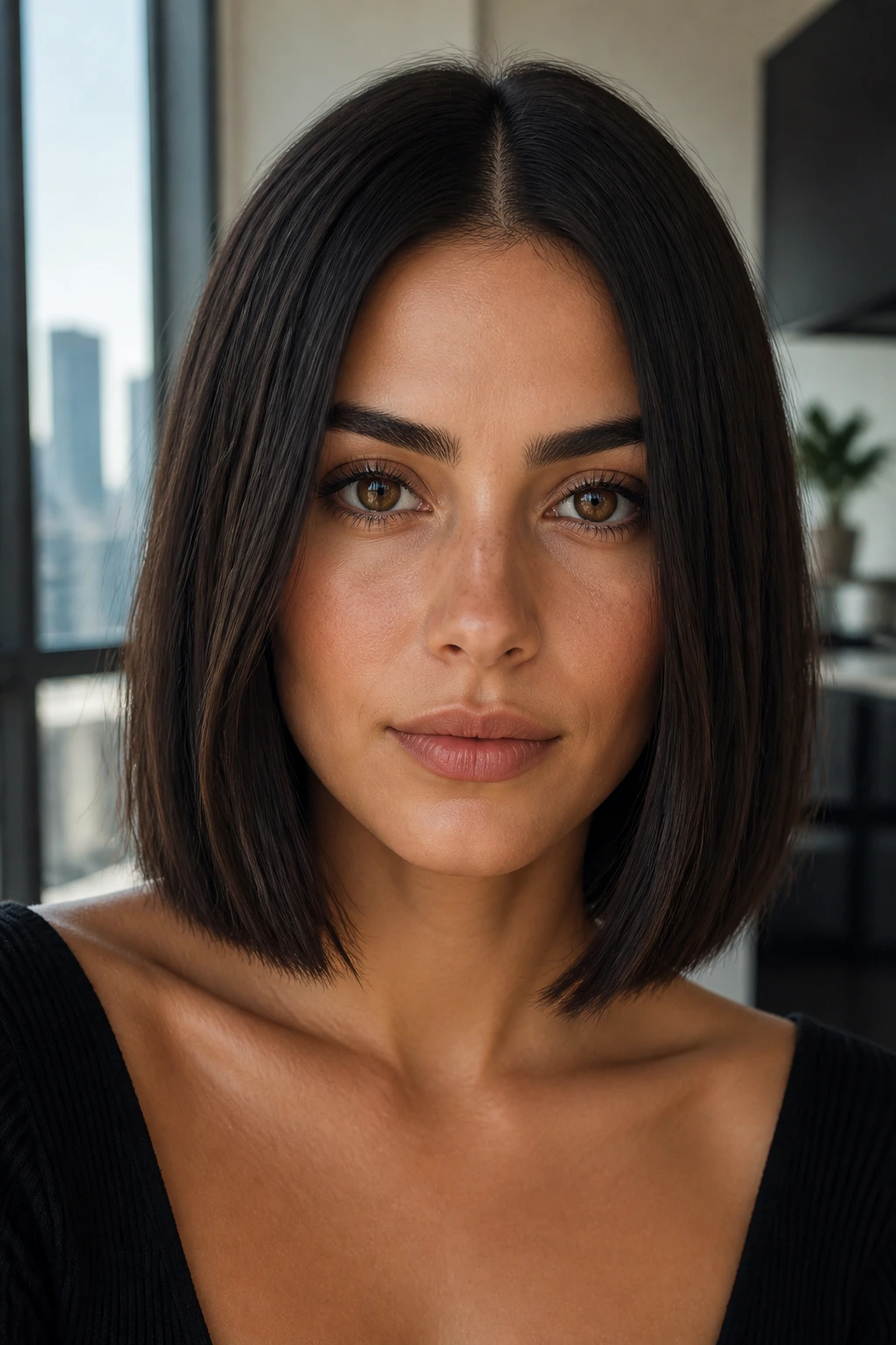 Portrait of a real woman with center-parted blunt lob in espresso shade.
