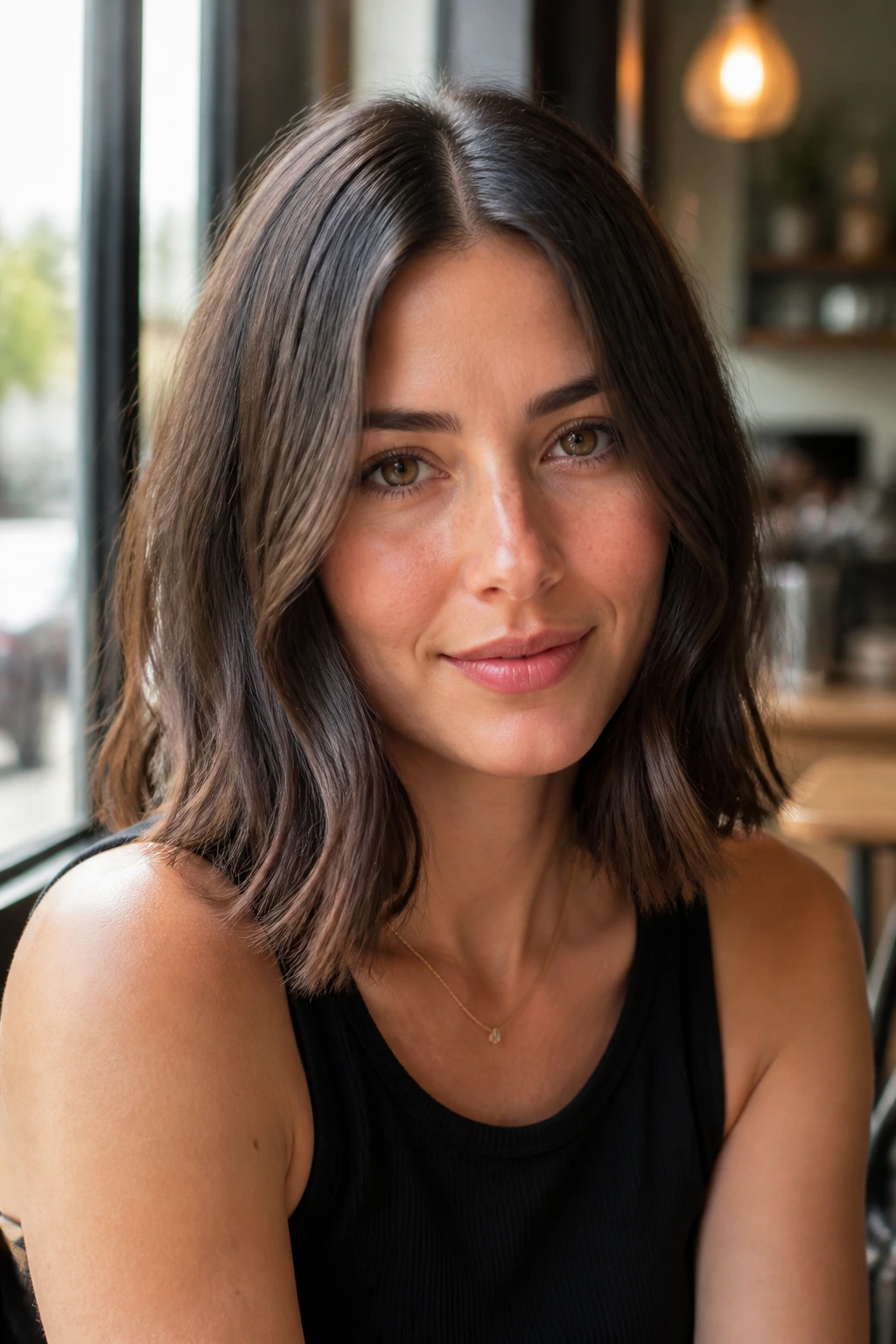 Close-up of a real woman with a center-part blunt lob and soft bends at the collarbone.