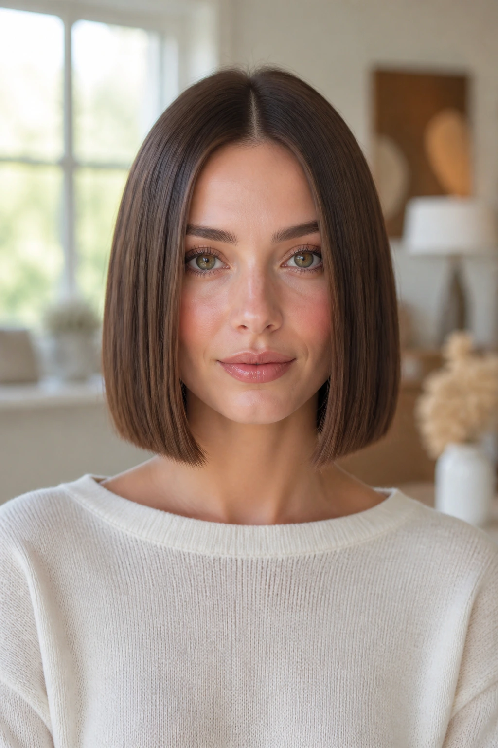 Front portrait of a real woman with center-part and blunt perimeter