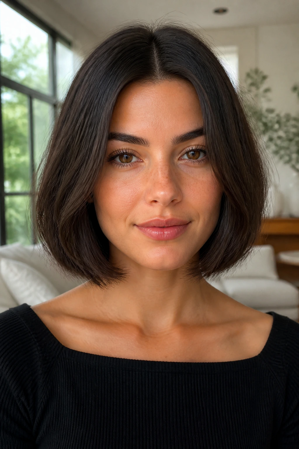 Close-up portrait of a real woman with a center-part soft blunt bob.