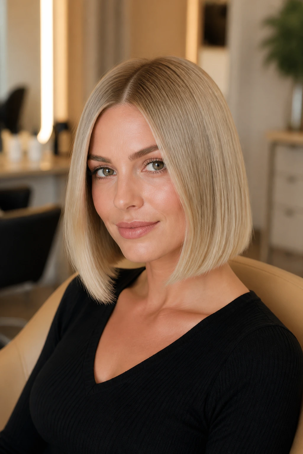 Close-up portrait of a real woman with Sleek Center-Part Bob on a heart-shaped face; beige-blond hair at chin length, glossy.