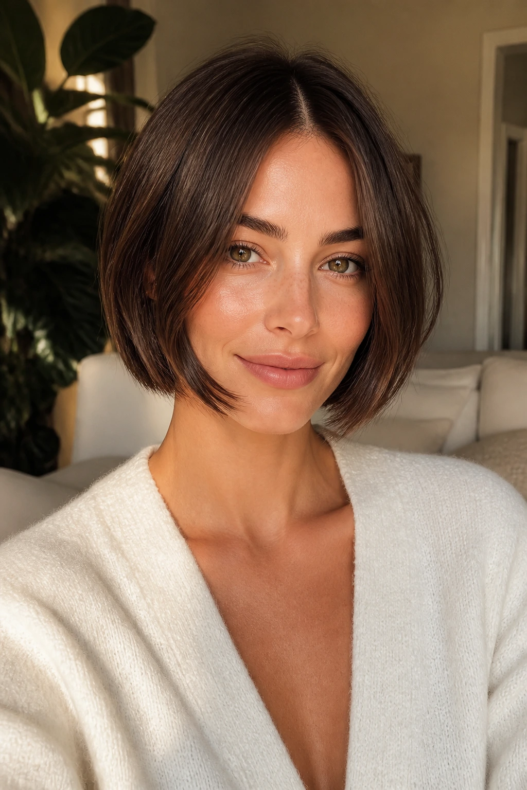 Close-up of a real woman with a center-parted bob and cheekbone ribbons