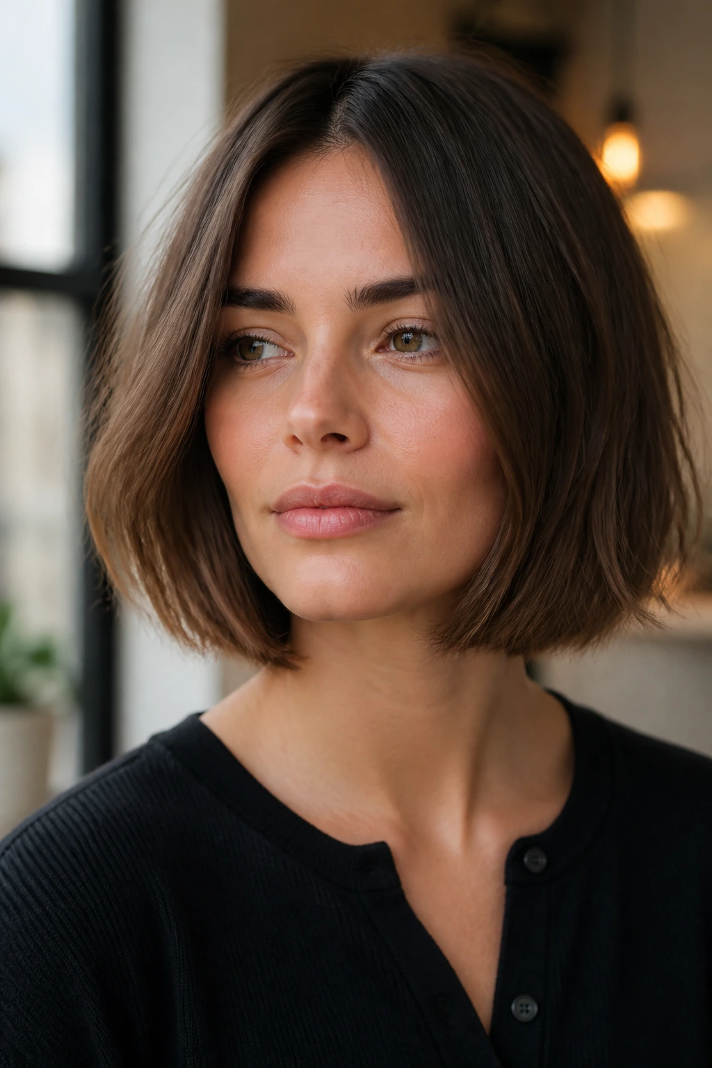 Portrait of a real woman with a center-parted chin-length bob below the jaw