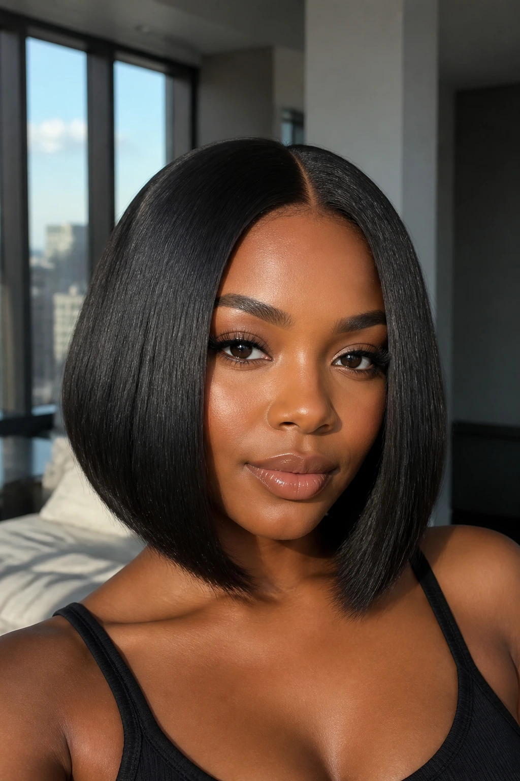 Close-up portrait of a real Black woman with a center-part bob and clean lines
