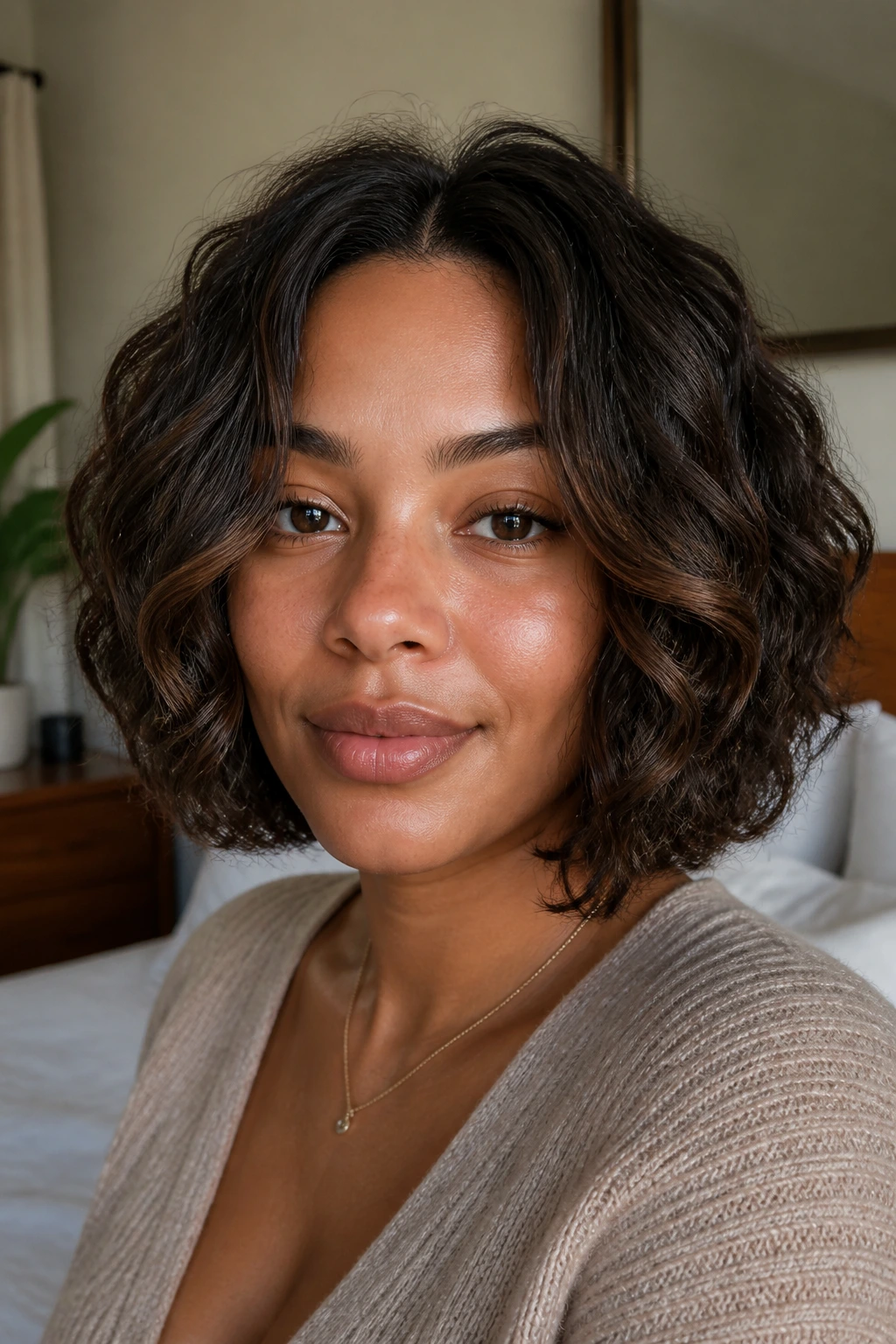 Close-up of a real woman with a center-part bob and curved layers in natural window light