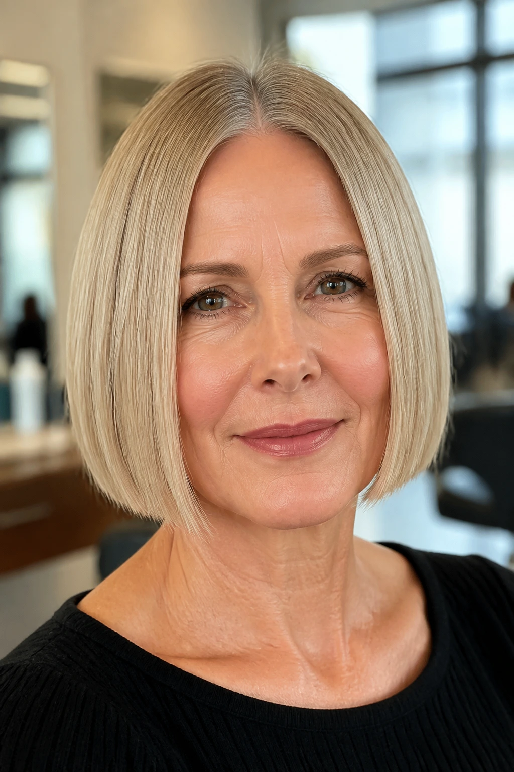 Close-up portrait of a real woman with a sleek center-part chin-length bob in a salon.