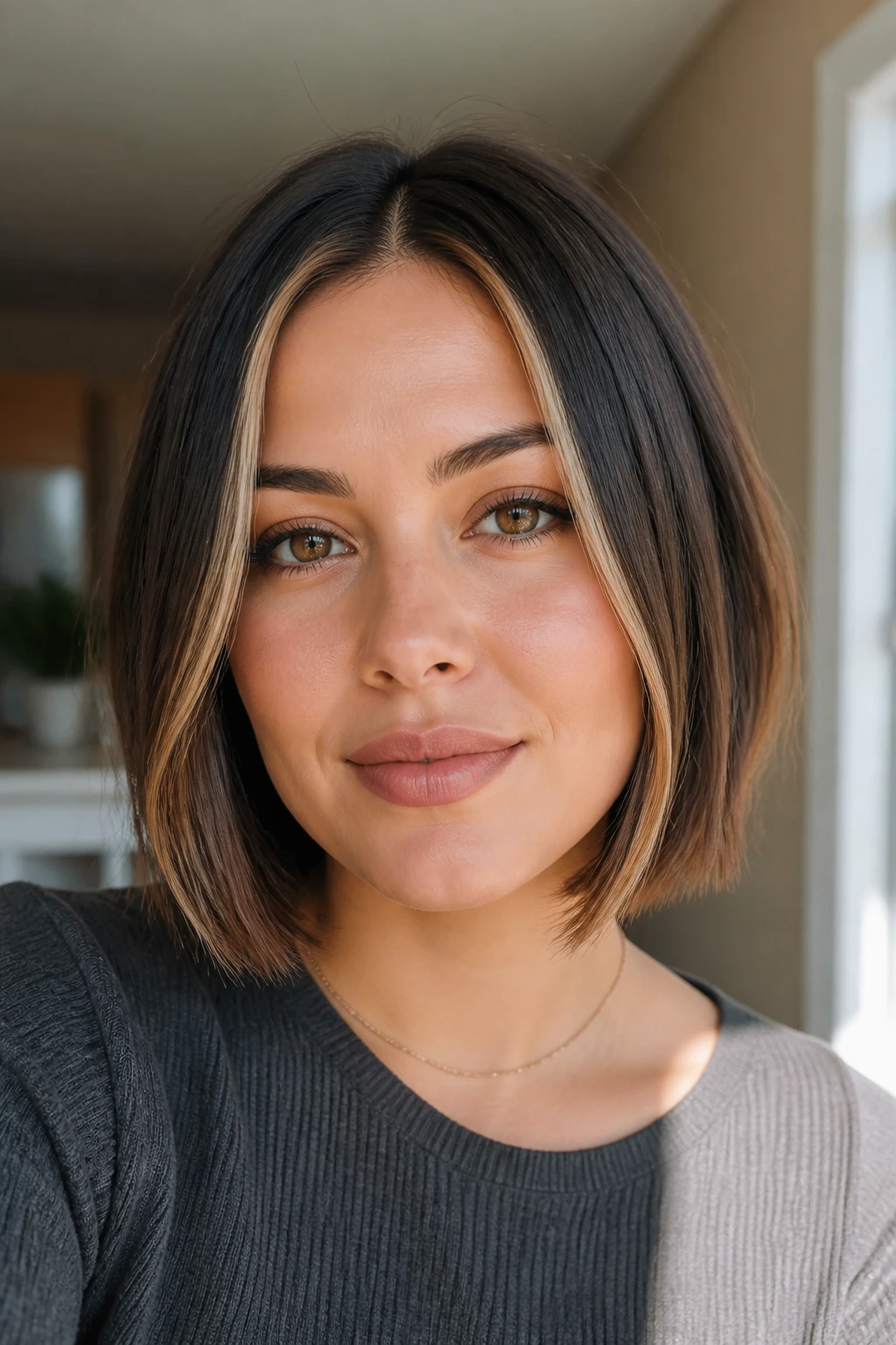 Close-up of a woman with center-part bob and slim front highlights