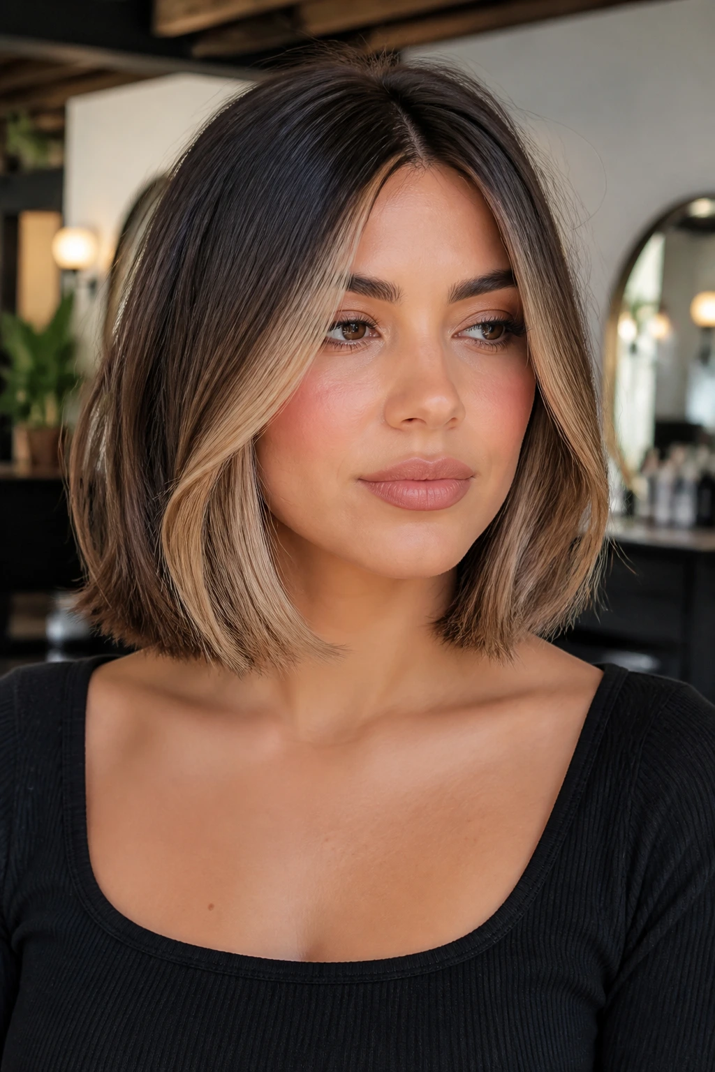 Close-up portrait of a real woman with a center-part bob and peekaboo money piece highlights.