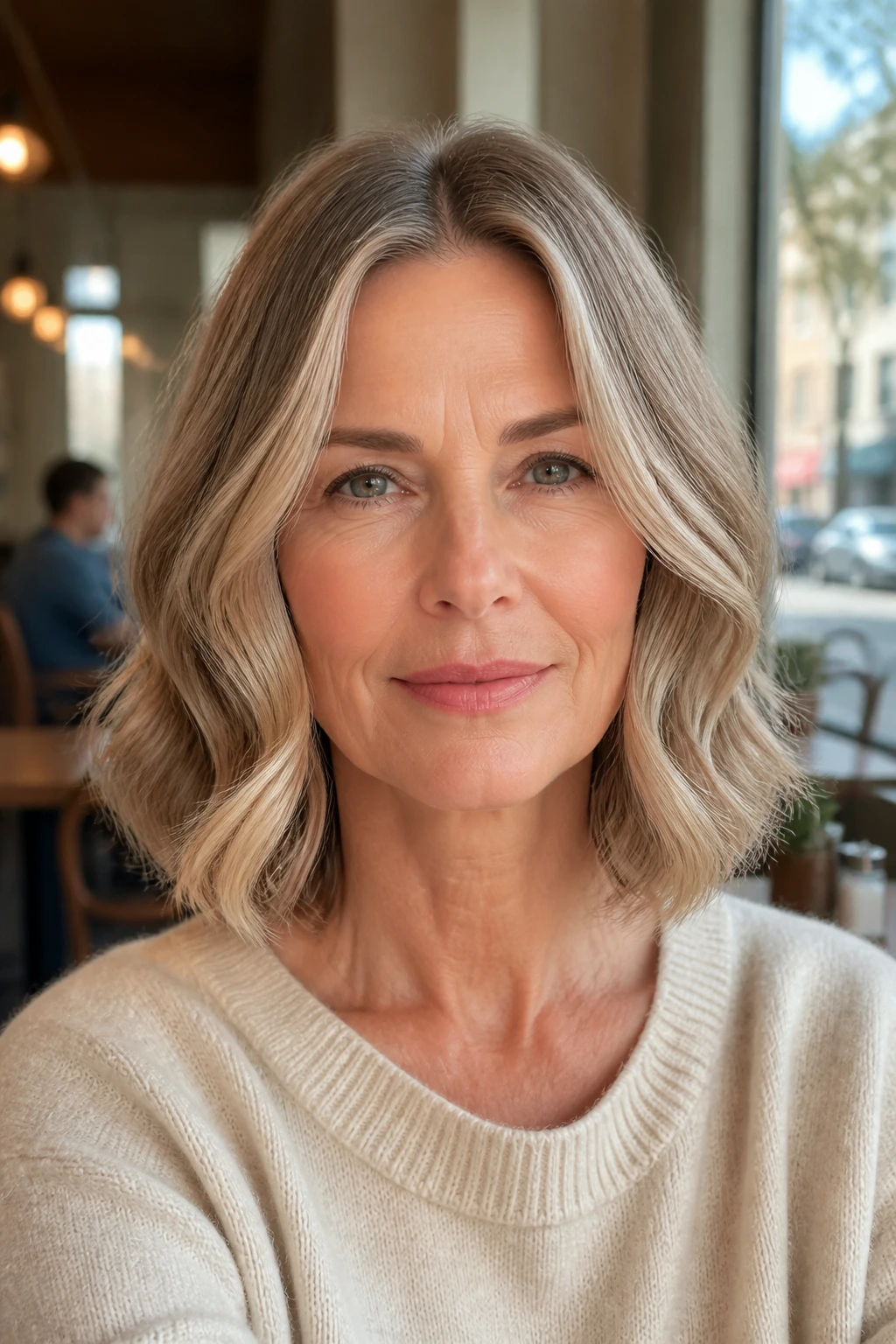 Close-up of a real woman with a center-part bob and soft S-curls around the jaw