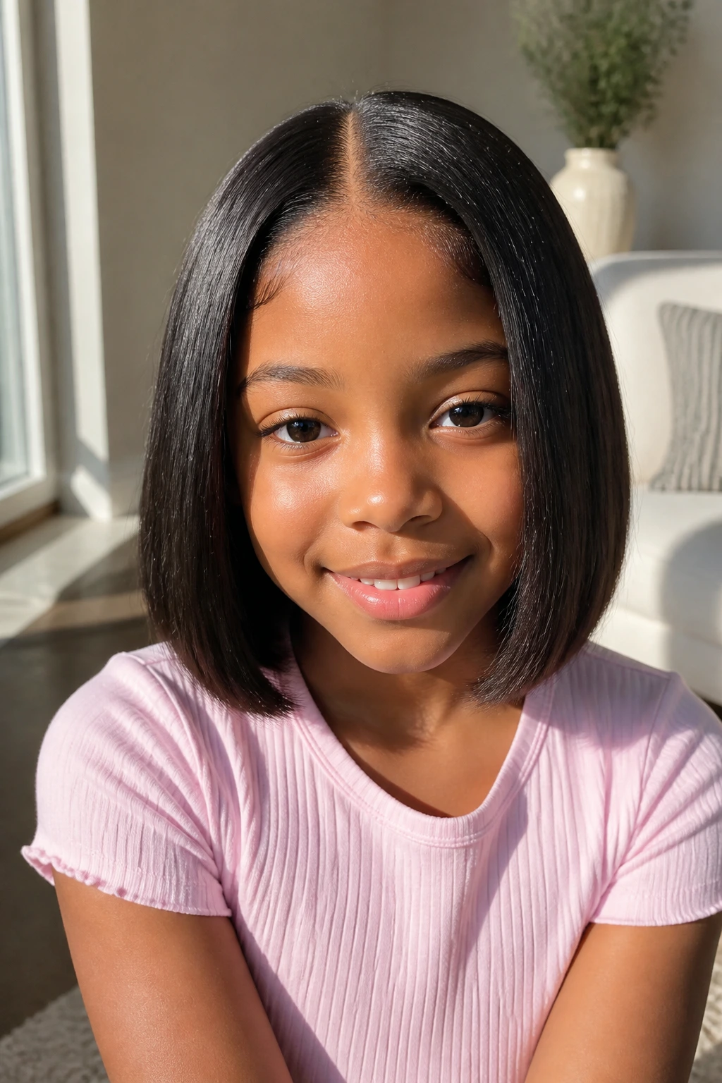 Close-up of a real child with a center-part silky bob