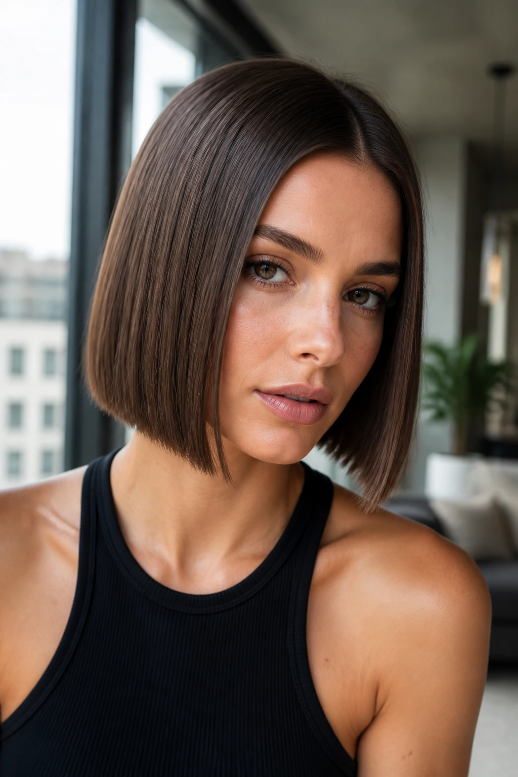 Close-up of a real woman with sleek center-part bob and blunt ends