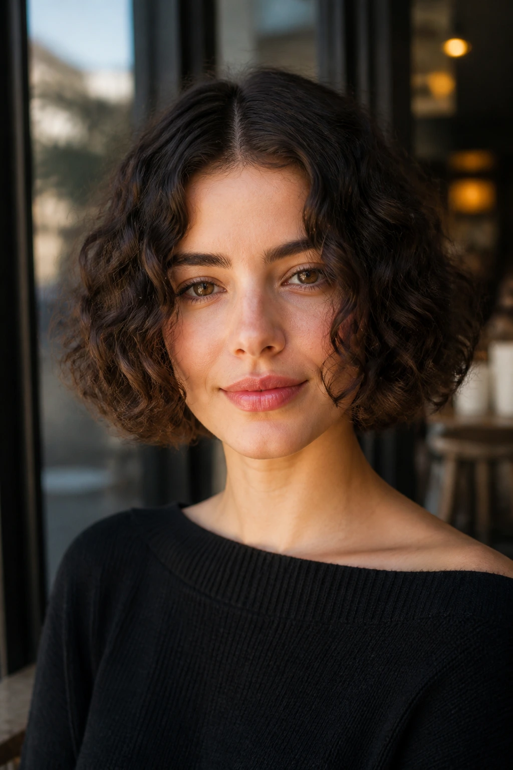 Close-up of a real woman with center-part French bob and symmetrical curls