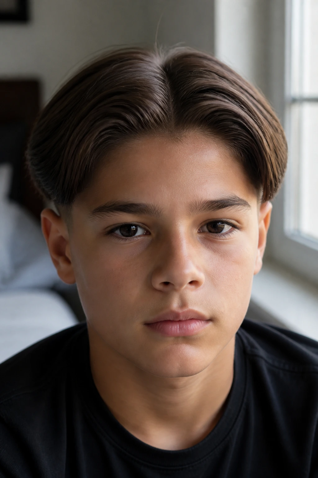 Close-up portrait of a real boy with a center-part bob and tucked temples, thick hair.