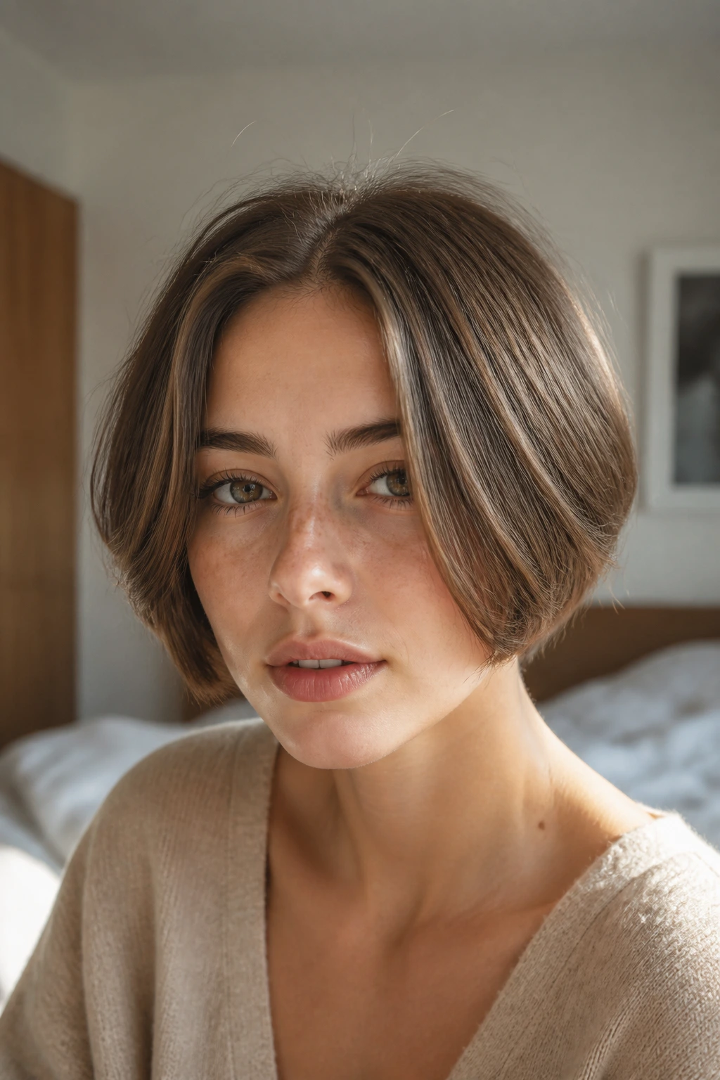 Close-up portrait of a real woman showing a center-part bowl with long sides and cheekbone-length framing in warm natural light