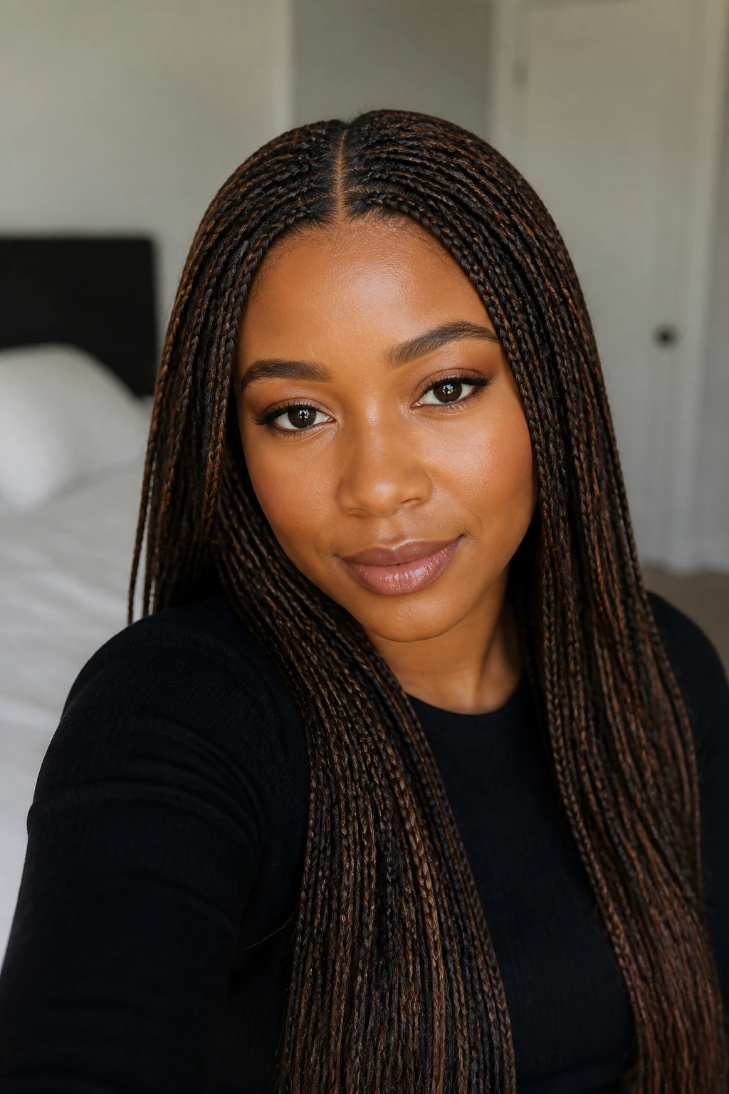 Portrait of real woman wearing braided wig with center part in softly lit bedroom.