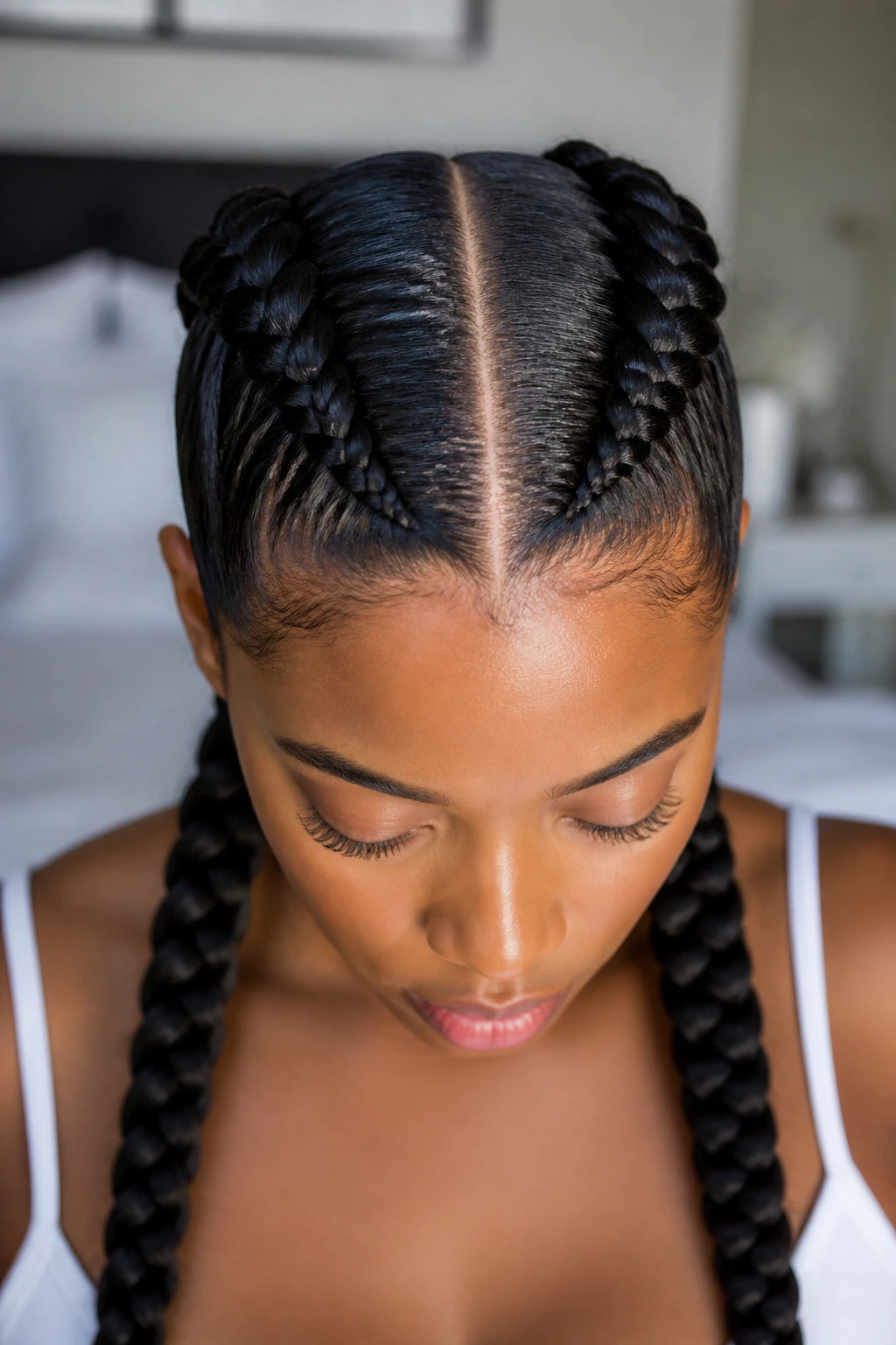 Close-up of a real woman with a center-part and sleek double Dutch braids