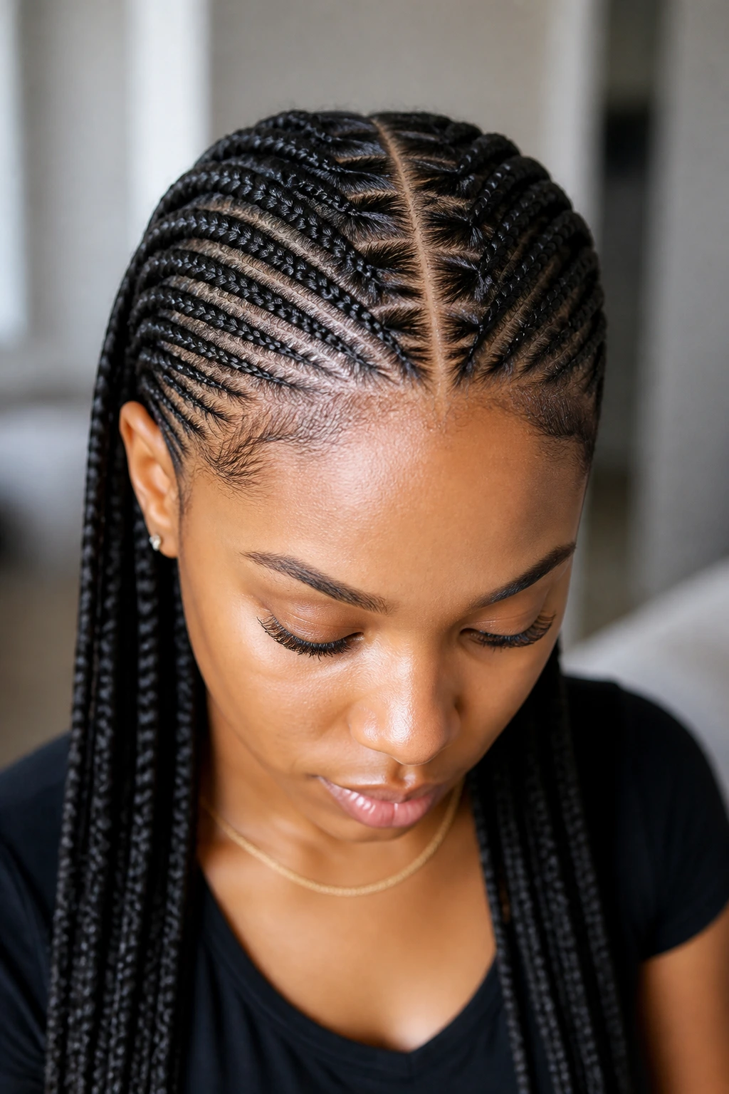 Front close-up of a real woman with a center-part feed-in French braids