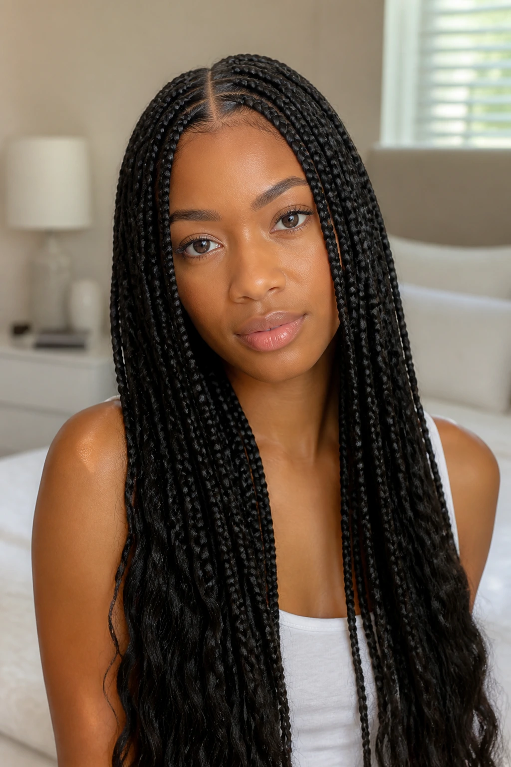 Close-up of a real person with minimal center-part long braids.