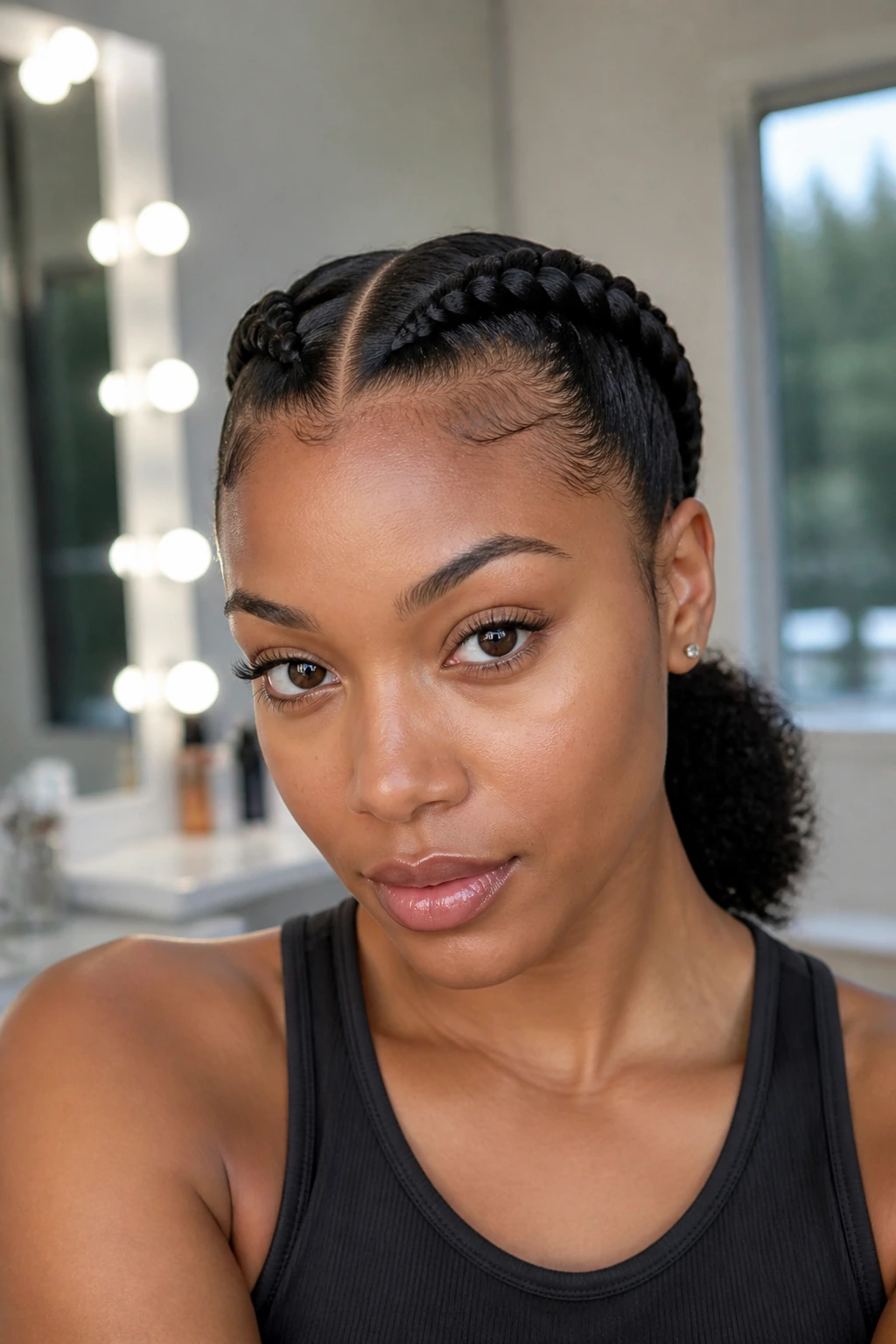 Close-up of a real Black woman with center-part Dutch braids into a low ponytail
