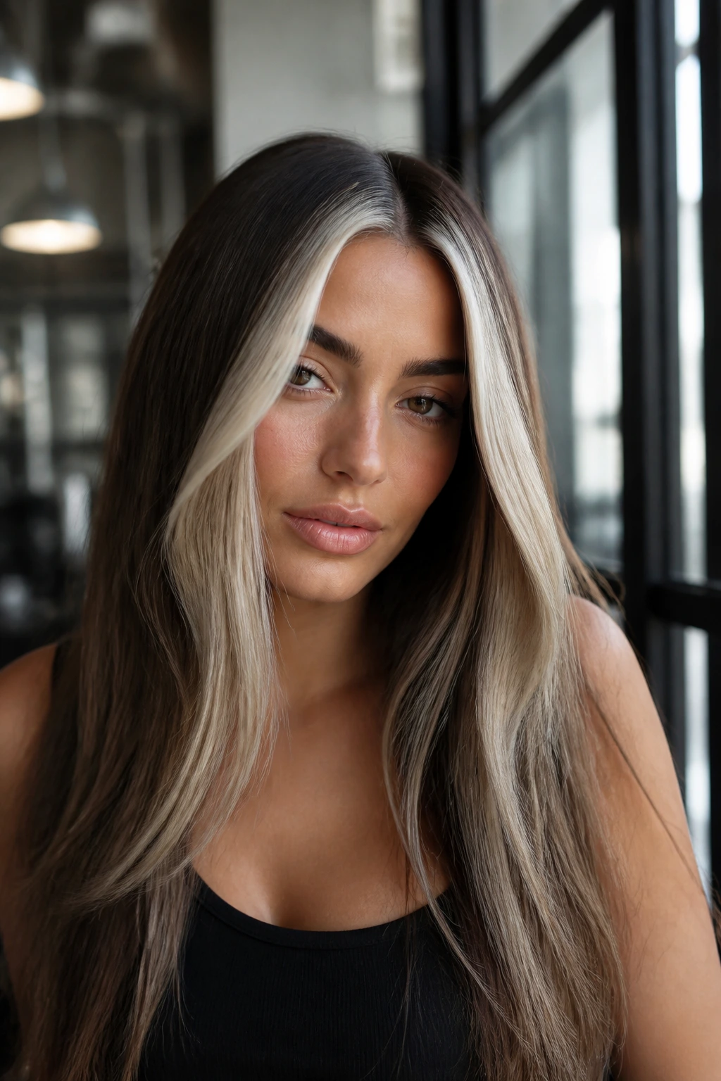 Portrait of brunette with center-part and bright platinum panels