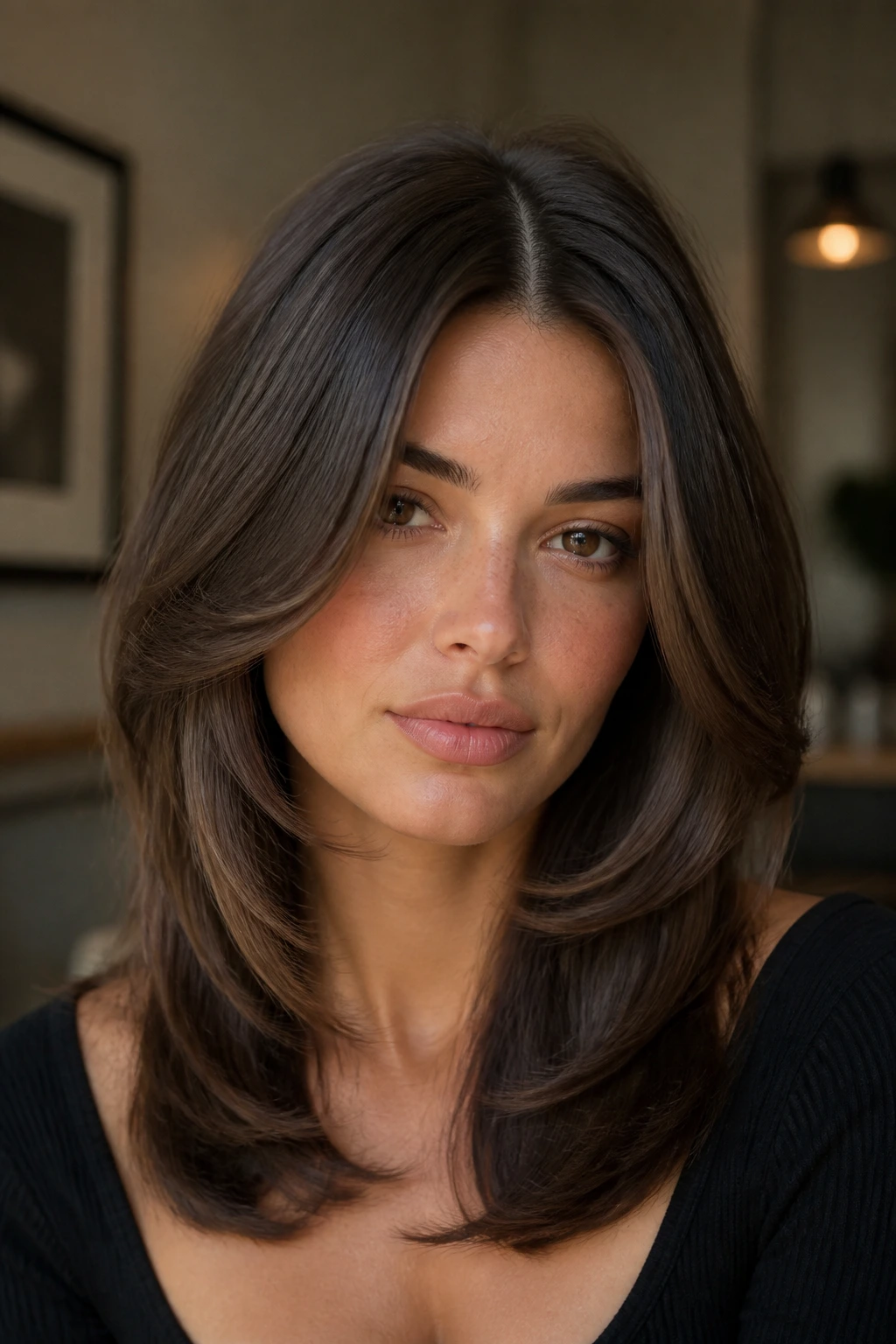 Real woman with center-part butterfly layers framing the cheekbones.