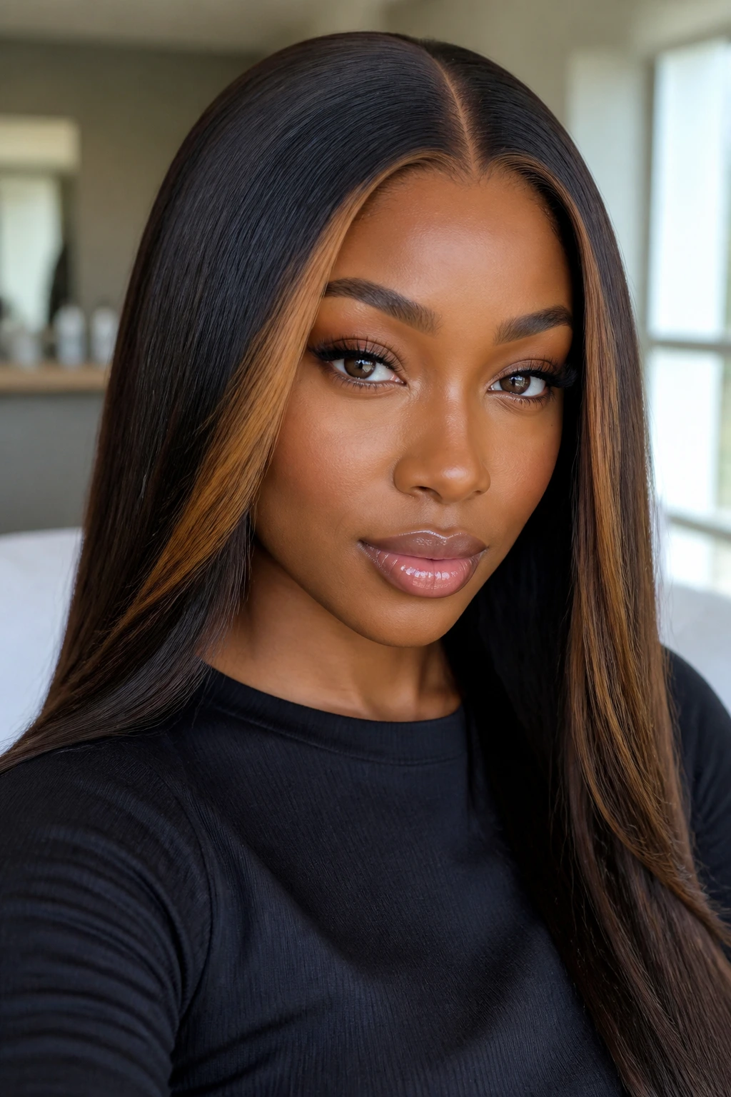Portrait of a person with a sleek center-part and caramel money pieces framing the face.