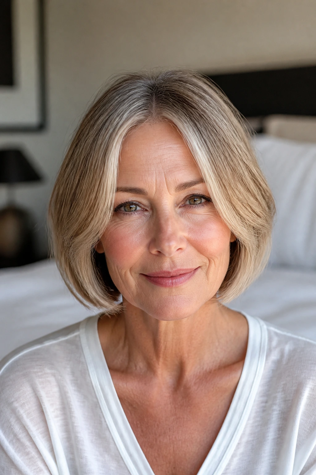 Real woman with soft center-part chin bob close-up