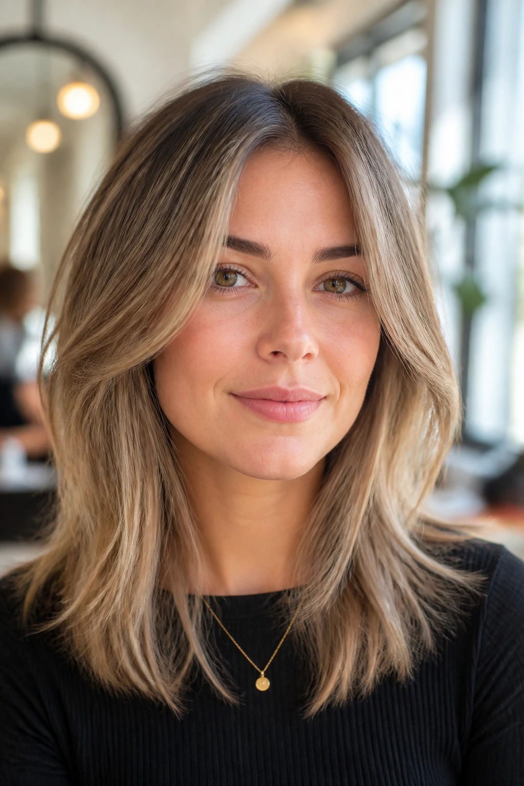 Close-up of center-part layers skimming cheekbones on a real woman.