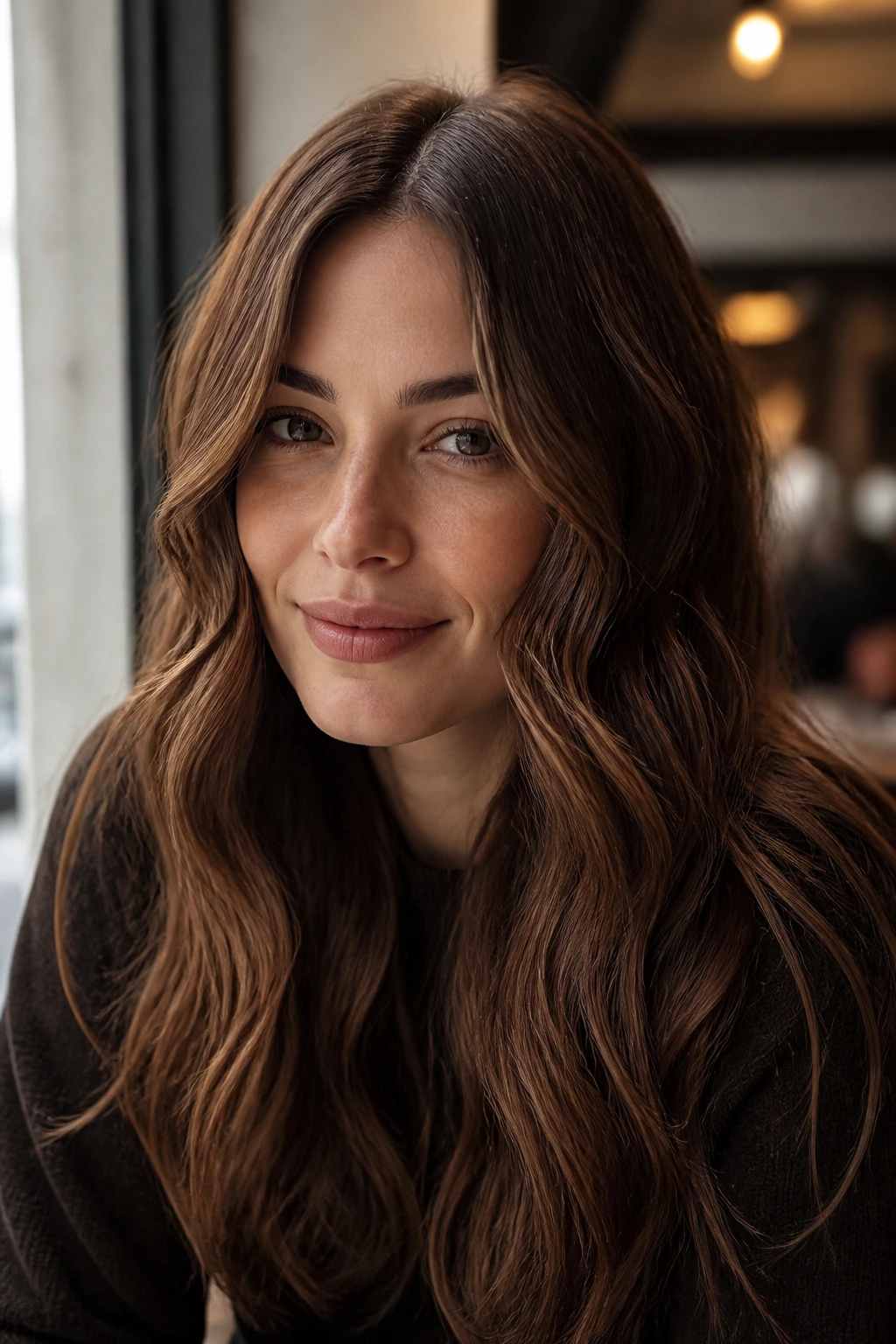 Center-parted chestnut waves framing the face on a real woman