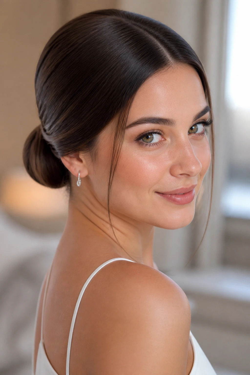 Close-up portrait of a woman with a satin-smooth center-part and a low chignon at the nape