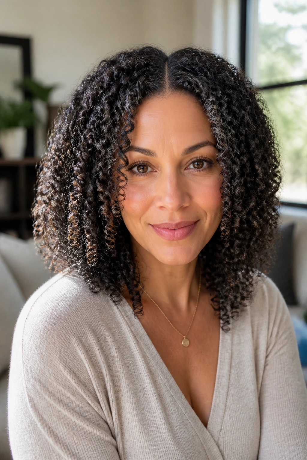 Front portrait of a woman with a center-part and balanced curly coils framing her face.