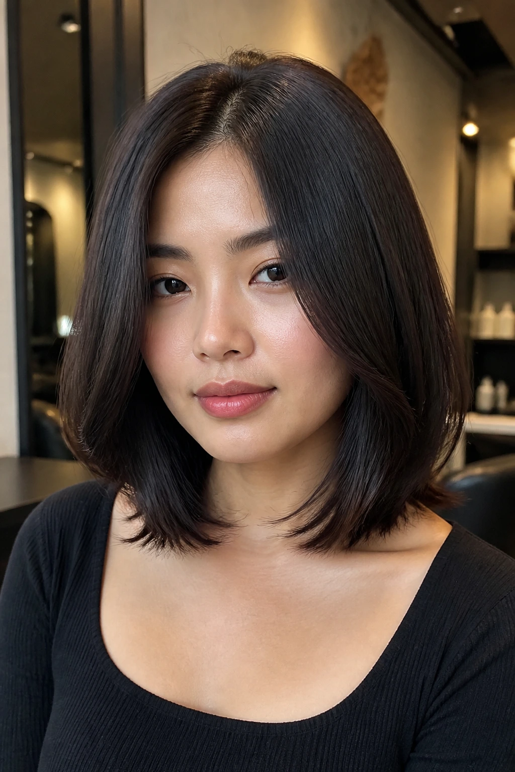 Close-up of a real person with a center-part collarbone lob and softly flicked ends
