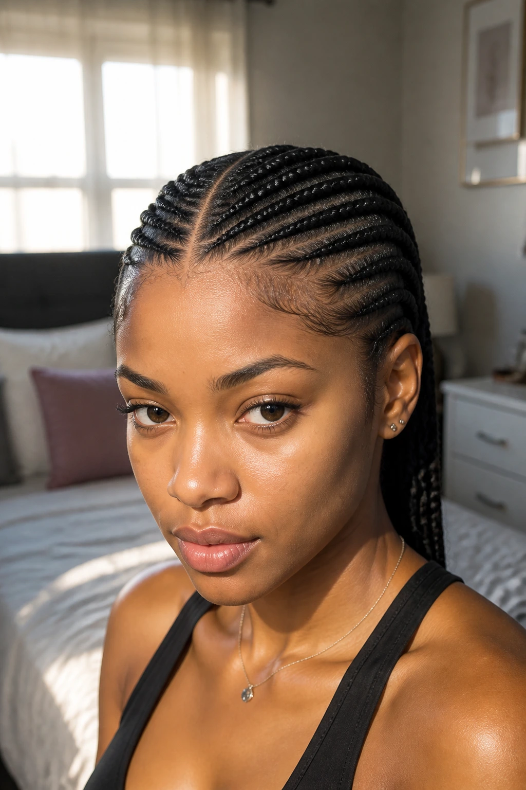 Portrait of a real woman with a center-parted straight-back cornrow hairstyle in a bright bedroom