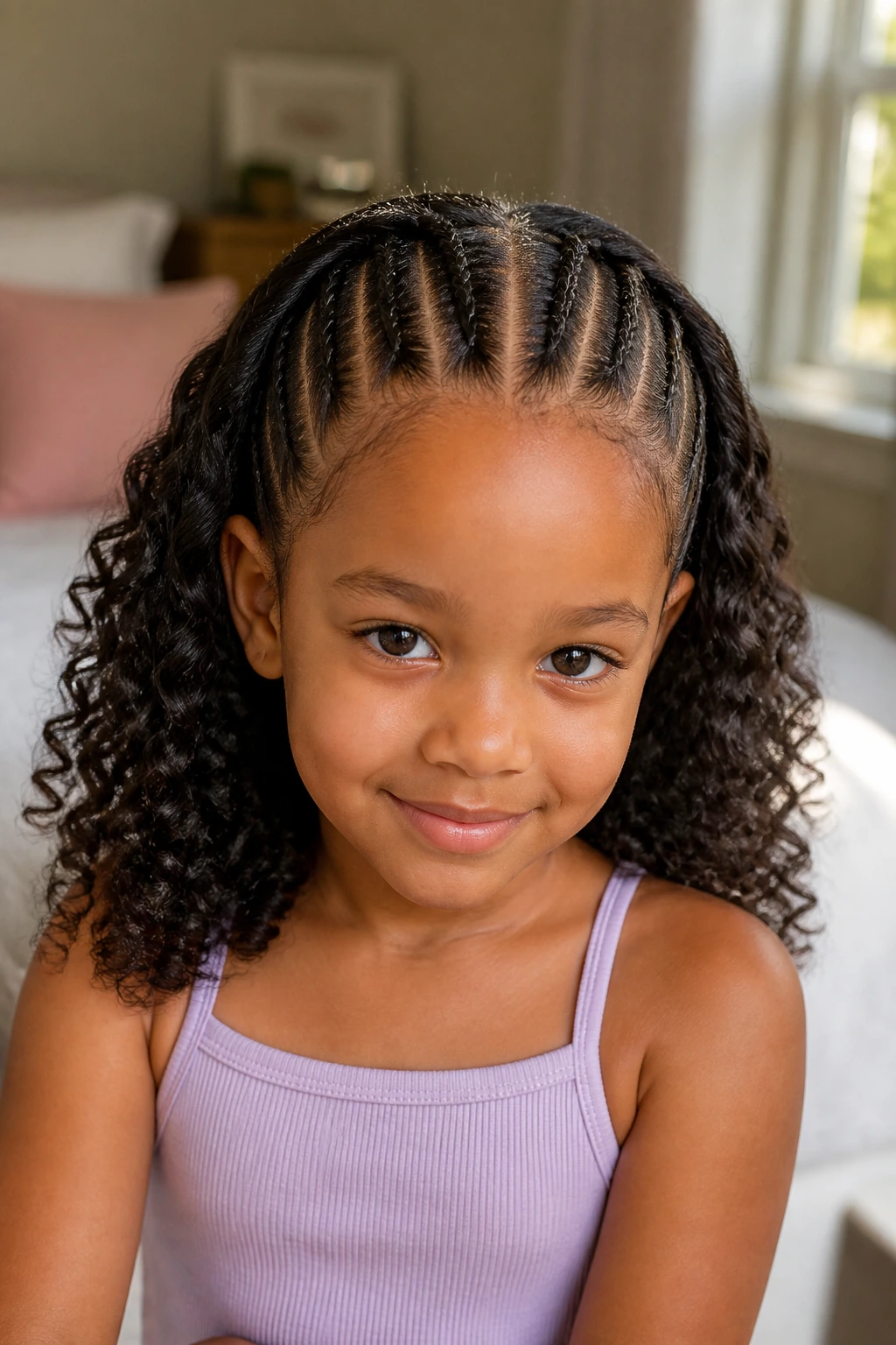 Close-up of a girl with center-part half cornrows and loose curls