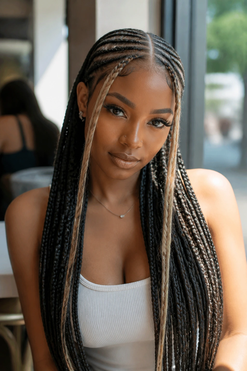 Portrait of a real woman with center-part waist-length cornrows and chunky money pieces.