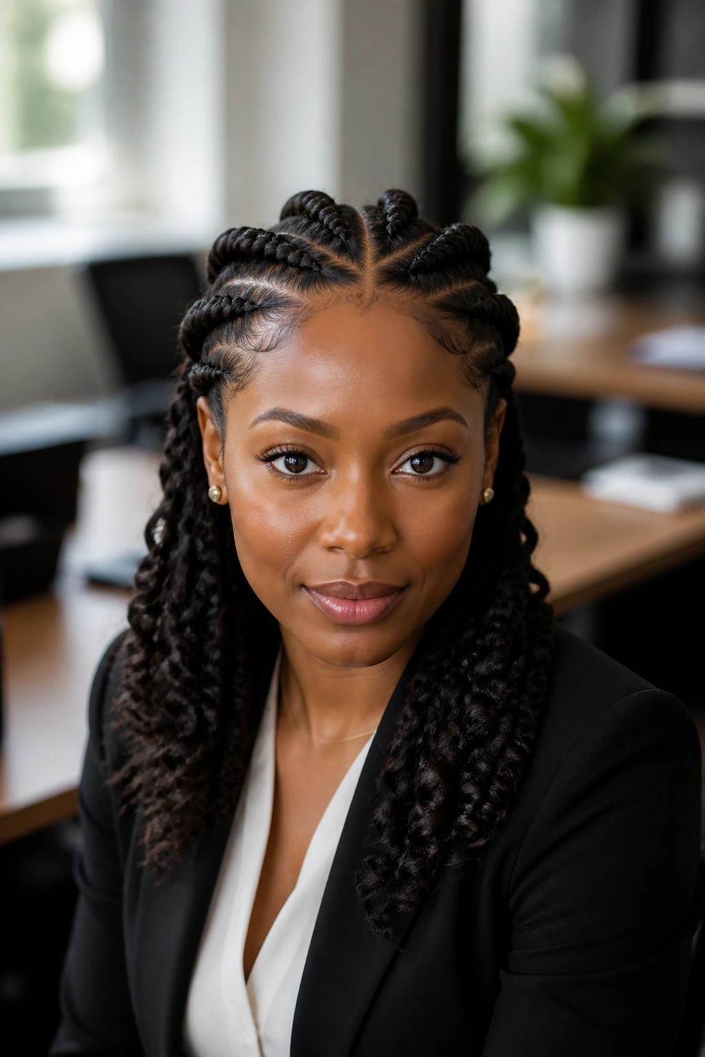 Close-up of a real woman with center-part chunky cornrows and spiral ends in a tidy office