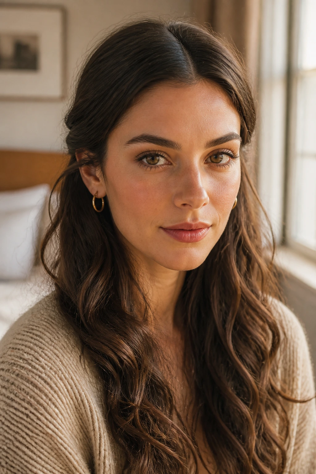 Close-up of a real woman with center-part curls tucked behind the ears.