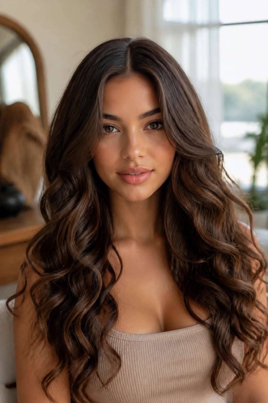 Portrait of a woman with long center-parted curls