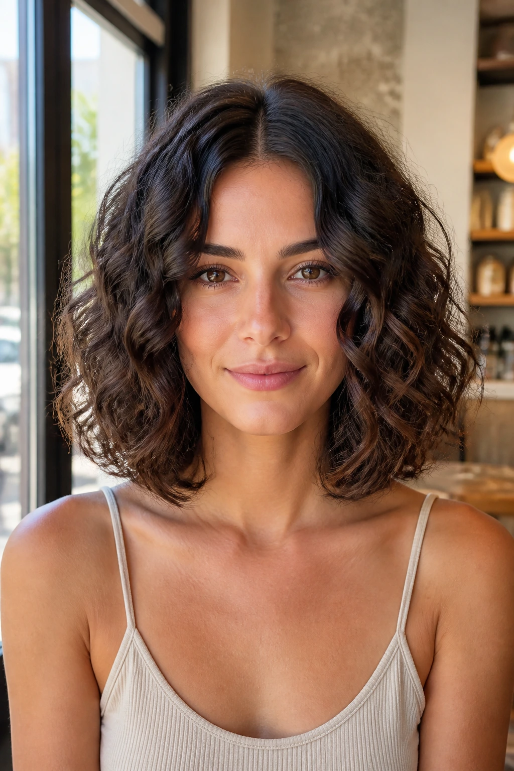 Center-part curly hairstyle on a real woman's head in a bright cafe setting